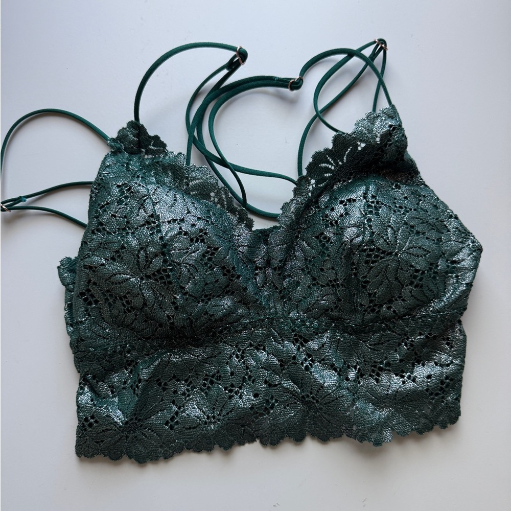 PINK Victoria's Secret Deep Green Metallic Shimmer Lace Bralette Bra Small